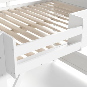 English Elm Queen Solid Pine Loft Bed with Integrated Wardrobe Shelves Guardrails and Staircase W1580S00645
