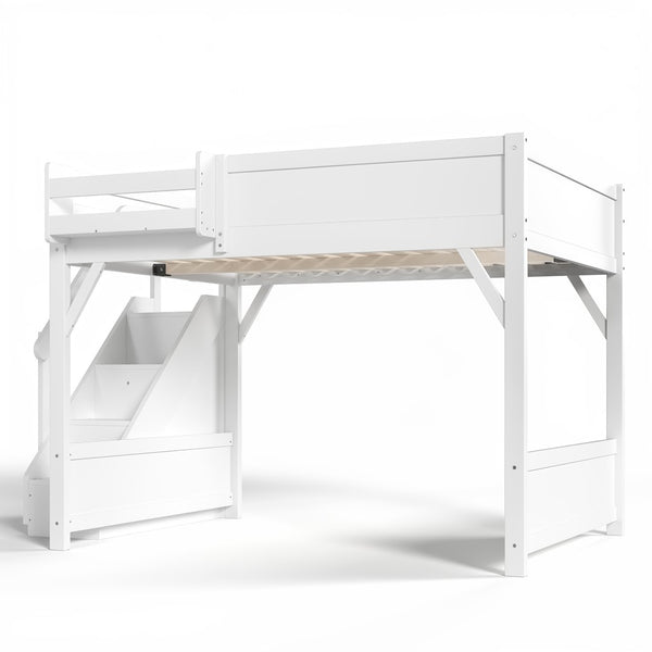 English Elm Queen Solid Pine Loft Bed with Integrated Wardrobe Shelves Guardrails and Staircase W1580S00645