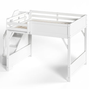 English Elm Queen Solid Pine Loft Bed with Integrated Wardrobe Shelves Guardrails and Staircase W1580S00645