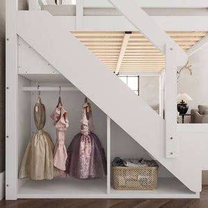 English Elm Queen Solid Pine Loft Bed with Integrated Wardrobe Shelves Guardrails and Staircase W1580S00645