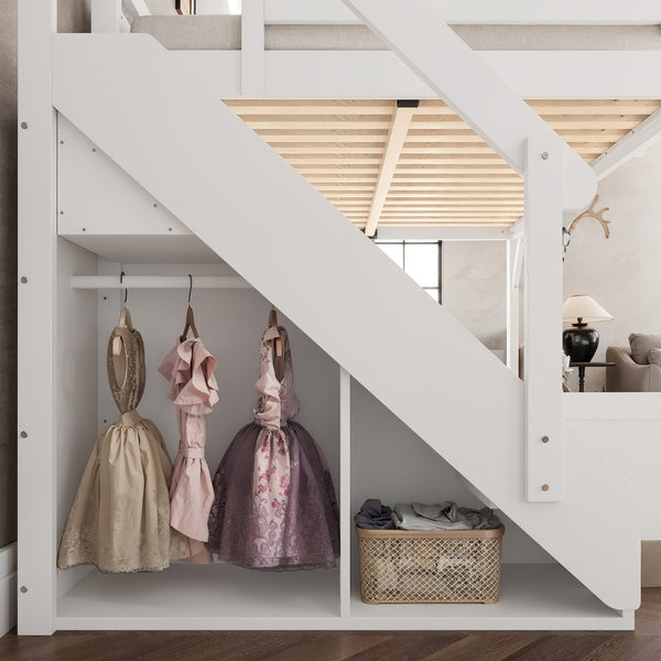 English Elm Queen Solid Pine Loft Bed with Integrated Wardrobe Shelves Guardrails and Staircase W1580S00645