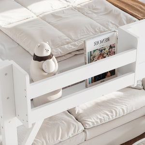 English Elm Queen Solid Pine Loft Bed with Integrated Wardrobe Shelves Guardrails and Staircase W1580S00645