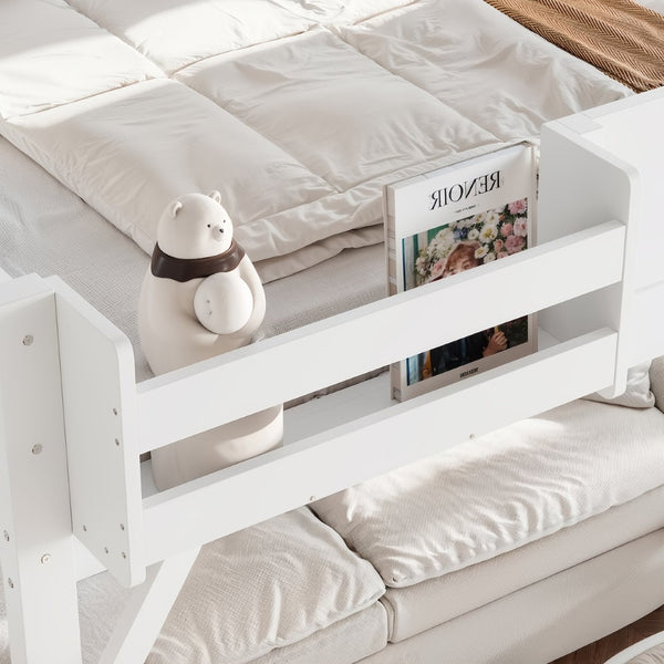 English Elm Queen Solid Pine Loft Bed with Integrated Wardrobe Shelves Guardrails and Staircase W1580S00645
