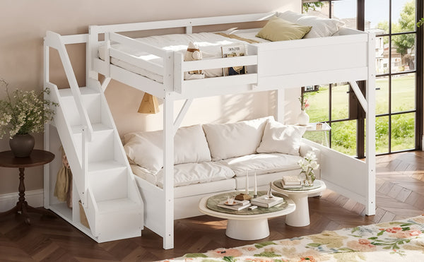 English Elm Queen Solid Pine Loft Bed with Integrated Wardrobe Shelves Guardrails and Staircase W1580S00645