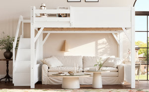 English Elm Queen Solid Pine Loft Bed with Integrated Wardrobe Shelves Guardrails and Staircase W1580S00645