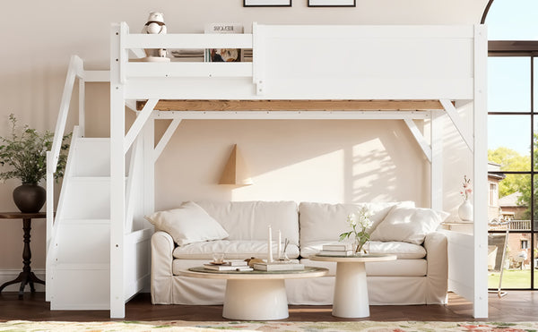 English Elm Queen Solid Pine Loft Bed with Integrated Wardrobe Shelves Guardrails and Staircase W1580S00645
