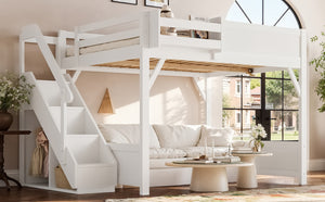 English Elm Queen Solid Pine Loft Bed with Integrated Wardrobe Shelves Guardrails and Staircase W1580S00645