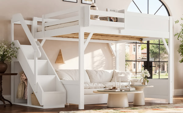 English Elm Queen Solid Pine Loft Bed with Integrated Wardrobe Shelves Guardrails and Staircase W1580S00645