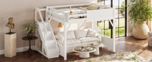 English Elm Queen Solid Pine Loft Bed with Integrated Wardrobe Shelves Guardrails and Staircase W1580S00645