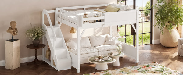 English Elm Queen Solid Pine Loft Bed with Integrated Wardrobe Shelves Guardrails and Staircase W1580S00645