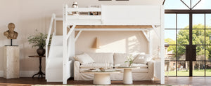 English Elm Queen Solid Pine Loft Bed with Integrated Wardrobe Shelves Guardrails and Staircase W1580S00645