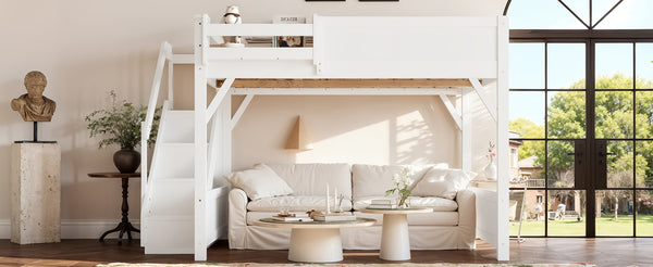 English Elm Queen Solid Pine Loft Bed with Integrated Wardrobe Shelves Guardrails and Staircase W1580S00645