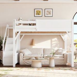 English Elm Queen Solid Pine Loft Bed with Integrated Wardrobe Shelves Guardrails and Staircase W1580S00645