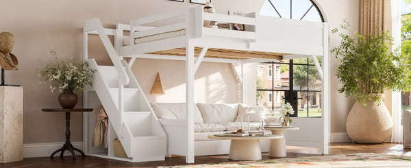English Elm Queen Solid Pine Loft Bed with Integrated Wardrobe Shelves Guardrails and Staircase W1580S00645