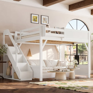 English Elm Queen Solid Pine Loft Bed with Integrated Wardrobe Shelves Guardrails and Staircase W1580S00645