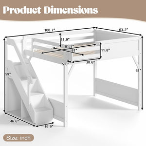 English Elm Queen Solid Pine Loft Bed with Integrated Wardrobe Shelves Guardrails and Staircase W1580S00645
