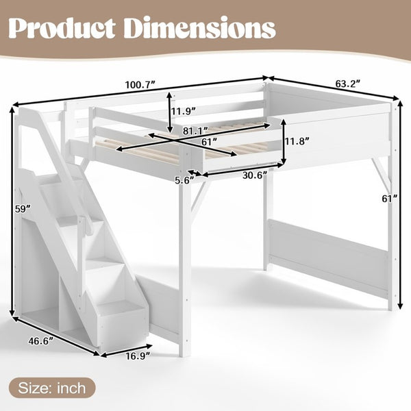 English Elm Queen Solid Pine Loft Bed with Integrated Wardrobe Shelves Guardrails and Staircase W1580S00645