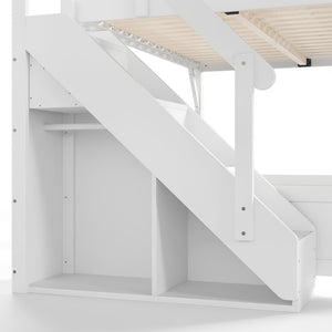 English Elm Queen Solid Pine Loft Bed with Integrated Wardrobe Shelves Guardrails and Staircase W1580S00645