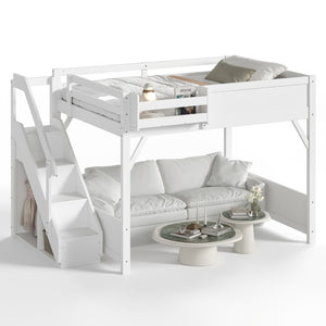 English Elm Queen Solid Pine Loft Bed with Integrated Wardrobe Shelves Guardrails and Staircase W1580S00645