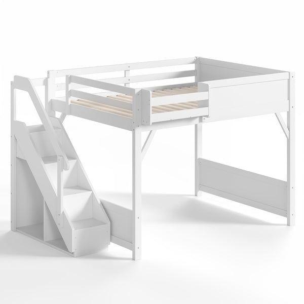 English Elm Queen Solid Pine Loft Bed with Integrated Wardrobe Shelves Guardrails and Staircase W1580S00645
