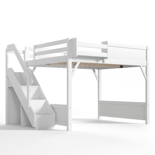 English Elm Queen Solid Pine Loft Bed with Integrated Wardrobe Shelves Guardrails and Staircase W1580S00645