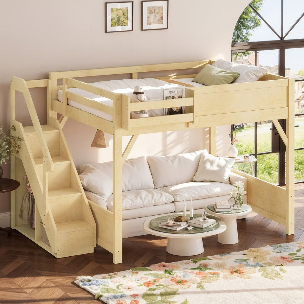 English Elm Queen Pine Loft Bed with Integrated Wardrobe Shelving Guardrails and Secure Staircase W1580S00646