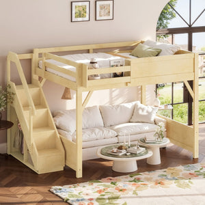 English Elm Queen Pine Loft Bed with Integrated Wardrobe Shelving Guardrails and Secure Staircase W1580S00646