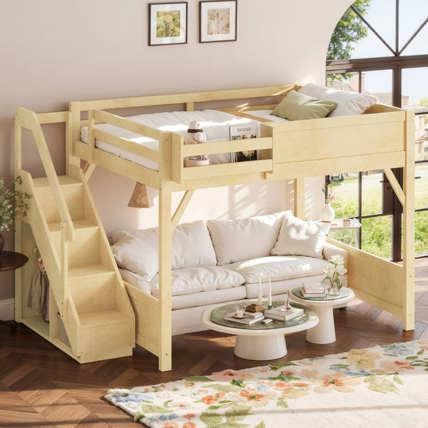 English Elm Queen Pine Loft Bed with Integrated Wardrobe Shelving Guardrails and Secure Staircase W1580S00646