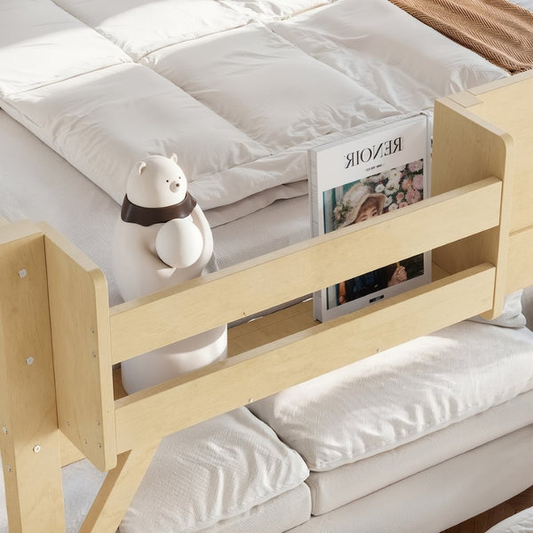 English Elm Queen Pine Loft Bed with Integrated Wardrobe Shelving Guardrails and Secure Staircase W1580S00646