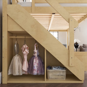 English Elm Queen Pine Loft Bed with Integrated Wardrobe Shelving Guardrails and Secure Staircase W1580S00646
