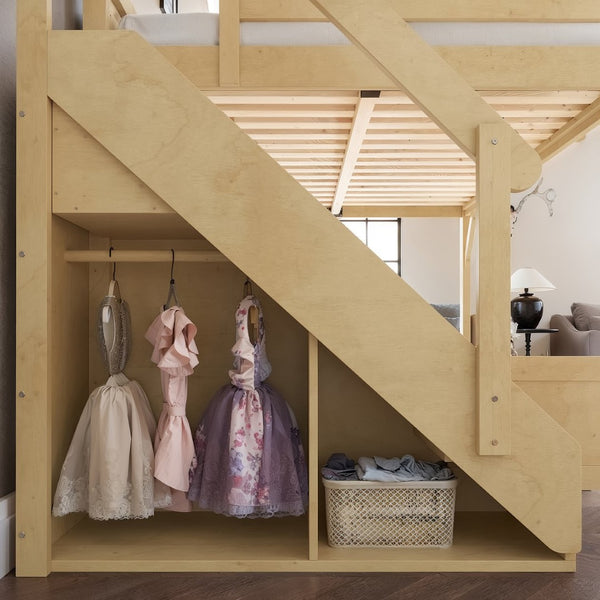 English Elm Queen Pine Loft Bed with Integrated Wardrobe Shelving Guardrails and Secure Staircase W1580S00646