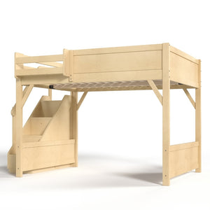 English Elm Queen Pine Loft Bed with Integrated Wardrobe Shelving Guardrails and Secure Staircase W1580S00646