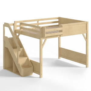 English Elm Queen Pine Loft Bed with Integrated Wardrobe Shelving Guardrails and Secure Staircase W1580S00646