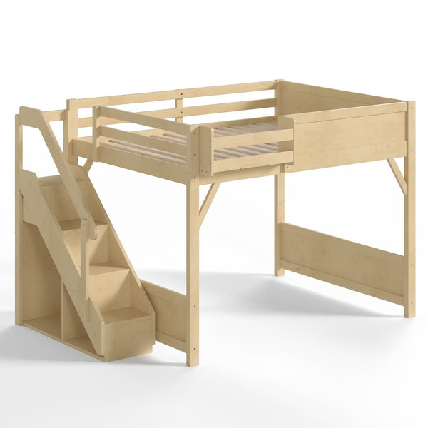 English Elm Queen Pine Loft Bed with Integrated Wardrobe Shelving Guardrails and Secure Staircase W1580S00646