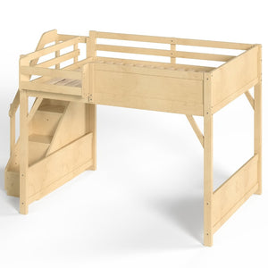 English Elm Queen Pine Loft Bed with Integrated Wardrobe Shelving Guardrails and Secure Staircase W1580S00646