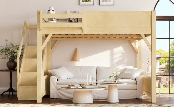 English Elm Queen Pine Loft Bed with Integrated Wardrobe Shelving Guardrails and Secure Staircase W1580S00646