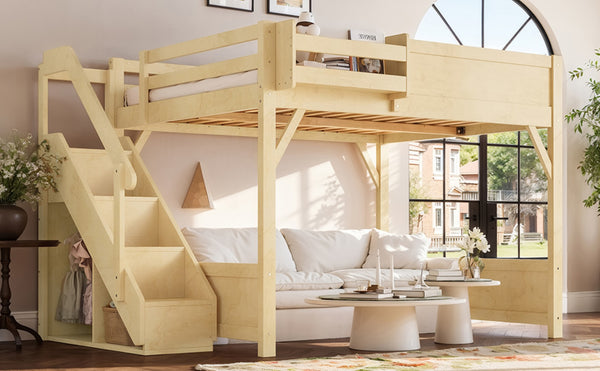 English Elm Queen Pine Loft Bed with Integrated Wardrobe Shelving Guardrails and Secure Staircase W1580S00646