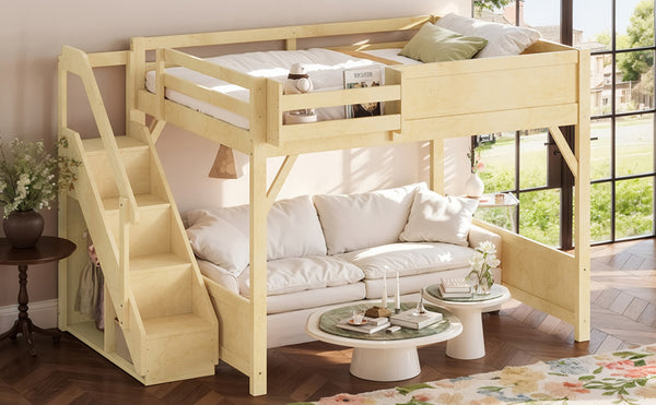 English Elm Queen Pine Loft Bed with Integrated Wardrobe Shelving Guardrails and Secure Staircase W1580S00646