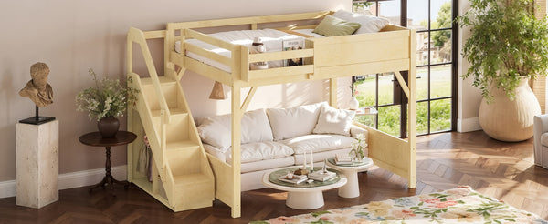 English Elm Queen Pine Loft Bed with Integrated Wardrobe Shelving Guardrails and Secure Staircase W1580S00646