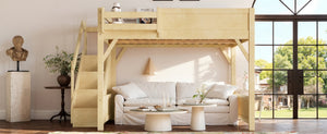 English Elm Queen Pine Loft Bed with Integrated Wardrobe Shelving Guardrails and Secure Staircase W1580S00646