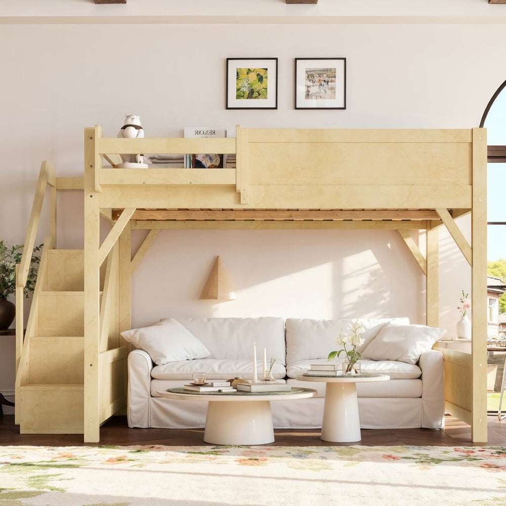 English Elm Queen Pine Loft Bed with Integrated Wardrobe Shelving Guardrails and Secure Staircase W1580S00646