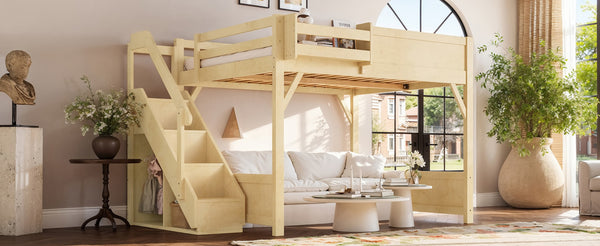 English Elm Queen Pine Loft Bed with Integrated Wardrobe Shelving Guardrails and Secure Staircase W1580S00646