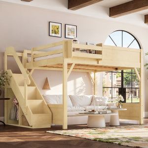 English Elm Queen Pine Loft Bed with Integrated Wardrobe Shelving Guardrails and Secure Staircase W1580S00646