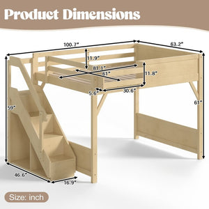 English Elm Queen Pine Loft Bed with Integrated Wardrobe Shelving Guardrails and Secure Staircase W1580S00646