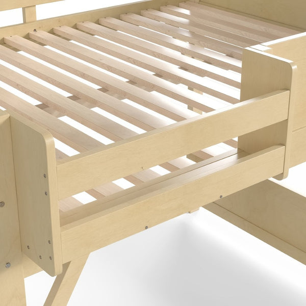 English Elm Queen Pine Loft Bed with Integrated Wardrobe Shelving Guardrails and Secure Staircase W1580S00646