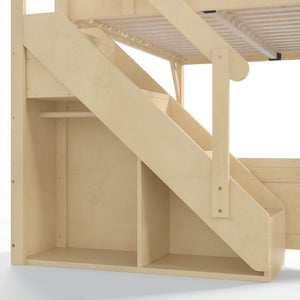 English Elm Queen Pine Loft Bed with Integrated Wardrobe Shelving Guardrails and Secure Staircase W1580S00646