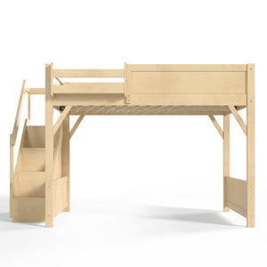 English Elm Queen Pine Loft Bed with Integrated Wardrobe Shelving Guardrails and Secure Staircase W1580S00646