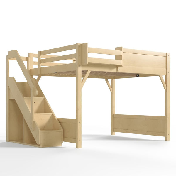 English Elm Queen Pine Loft Bed with Integrated Wardrobe Shelving Guardrails and Secure Staircase W1580S00646