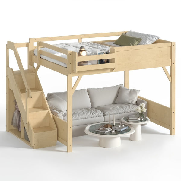 English Elm Queen Pine Loft Bed with Integrated Wardrobe Shelving Guardrails and Secure Staircase W1580S00646