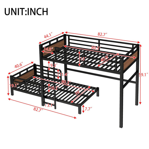 English Elm Twin Xl Separable Metal Bunk Bed Walnut Finish with Safety Rail and Platform Base W1580S00647